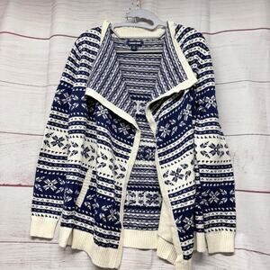 Lands' End Women's Small 6-8 Fair Isle Cardigan Sweater Blue White Nordic Knit